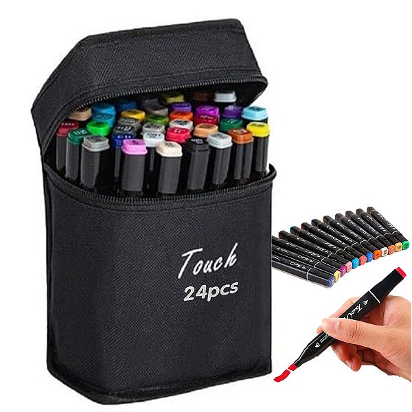 Caneta Marcador Permanente 24 Cores Estojo Conjunto Ponta Dupla Pintura Desenho Arte