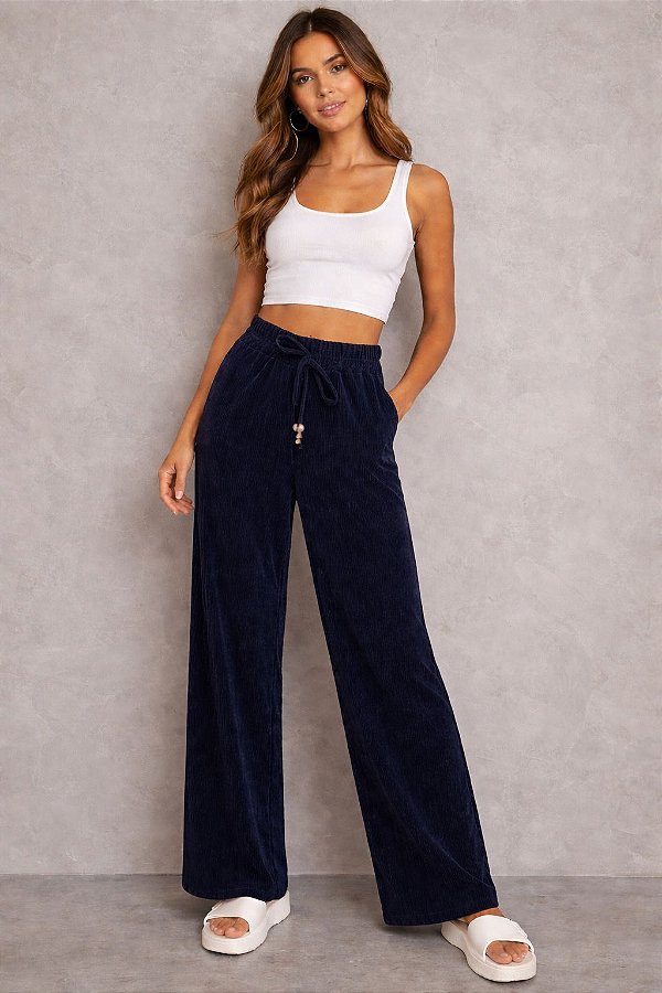 Calça Wide Leg Feminina Veludo Coletê Cintura Alta