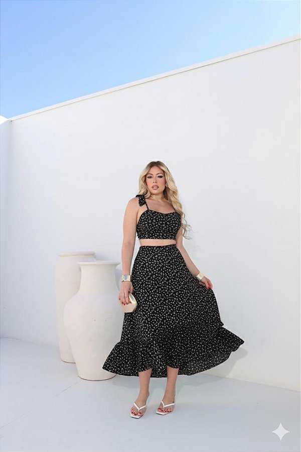 Conjunto Feminino Floral Saia Longa c/ Babados