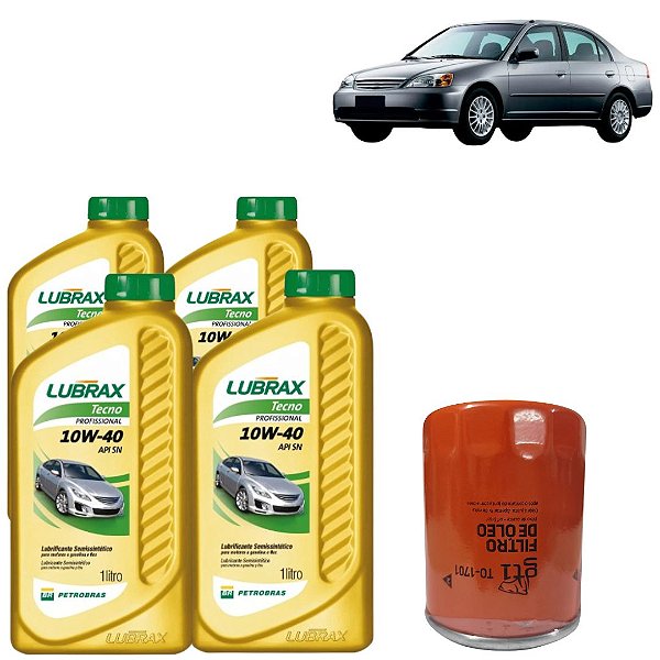 KIT TROCA  DE ÓLEO HONDA CIVIC 1.7 2002 10W40 LUBRAX + FILTRO (TO1701)