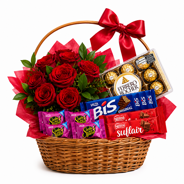 Cesta de Rosas com Chocolate