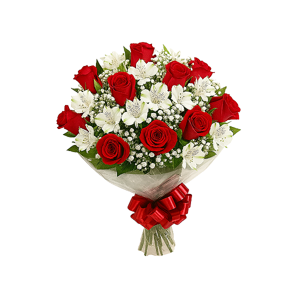 Buquê de Rosas Vermelhas com Astromélias Brancas