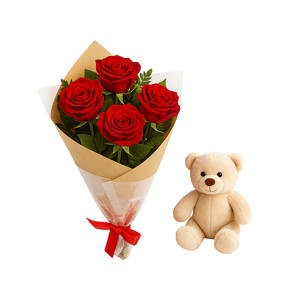 Buquê de 04 Rosas e Ursinho de Pelúcia