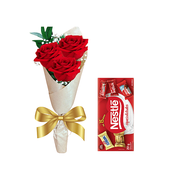 Trio de Rosas com Caixa de Bombom