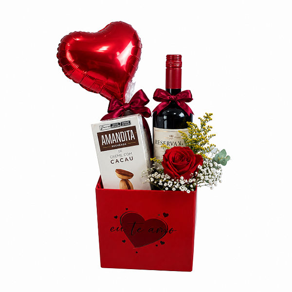Box Amor & Sabor – Vinho, Rosa, Amandita e Balão