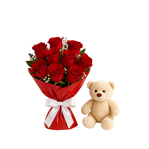 Buquê de Rosas com Ursinho de Pelúcia