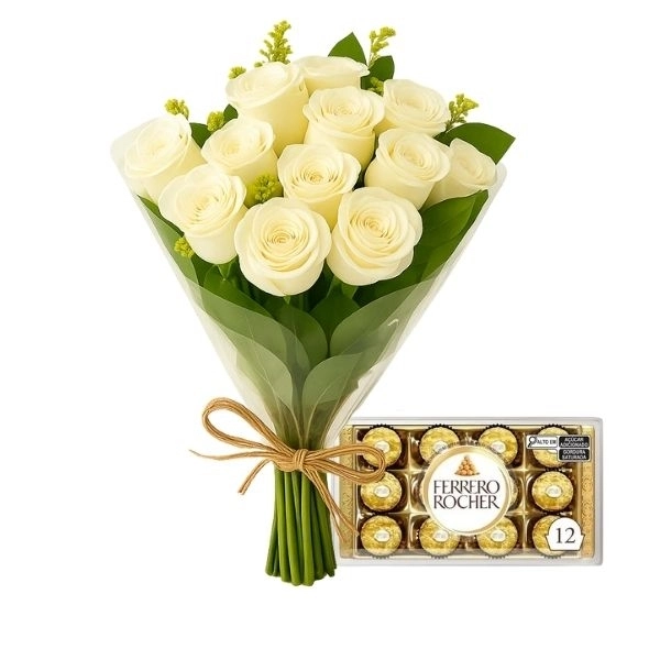 Buquê De 12 Rosas Branca Com Chocolate