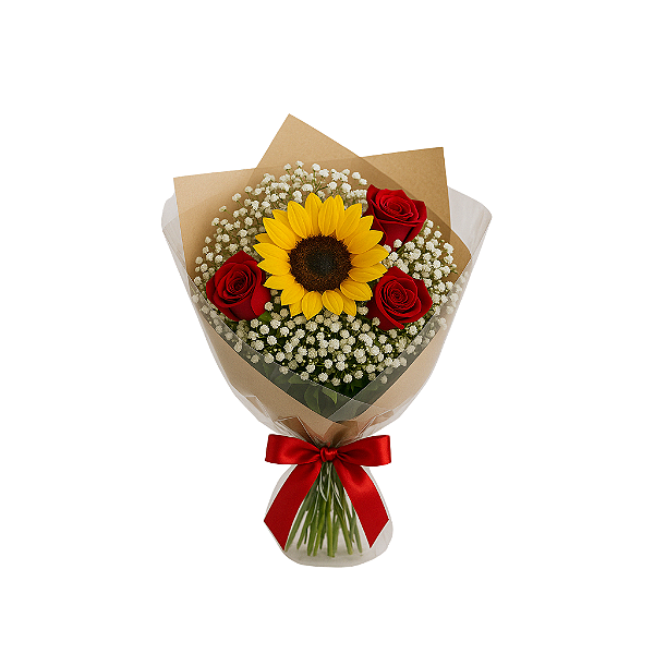 Buquê Trio de Rosas com Girassól
