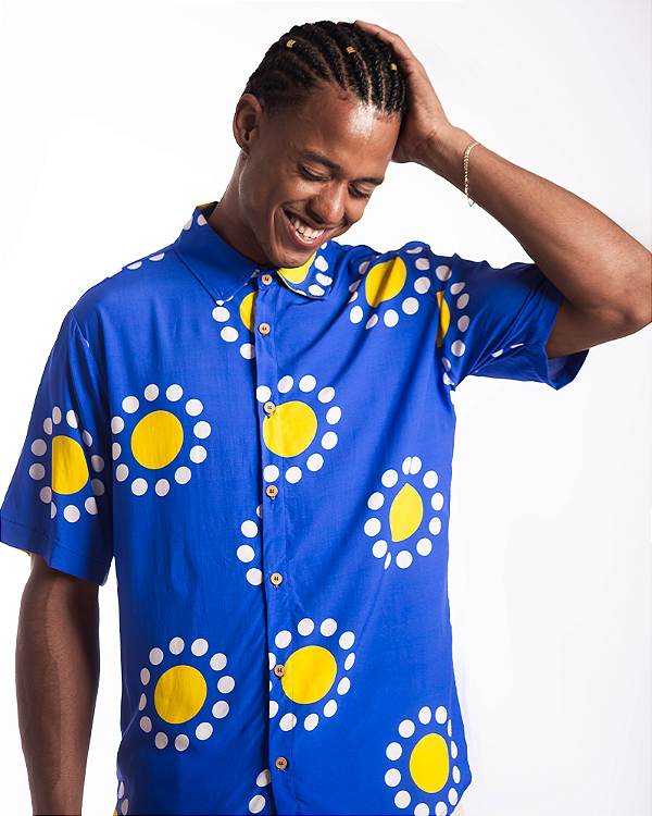 CAMISA DE BOTÃO ESTAMPADA EM VISCOSE - AZUL SARAPINTADO