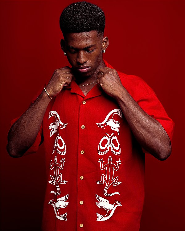 Camisa oversized em mescla de linho - Armorial - Vermelho