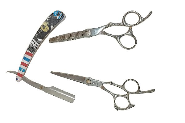 Combo Profissional de Corte Umi com Tesoura, Tesoura de Desbaste e Navalhete Razor Carrier