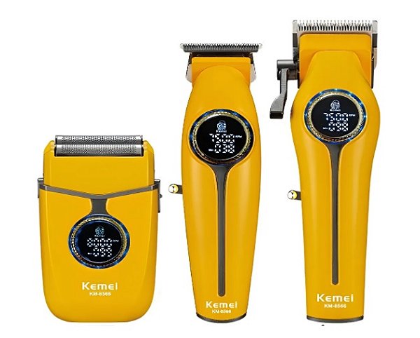 Kit Profissional Kemei KM-8566 3 em 1 – Máquina de Corte, Acabamento e Shaver Sem Fio