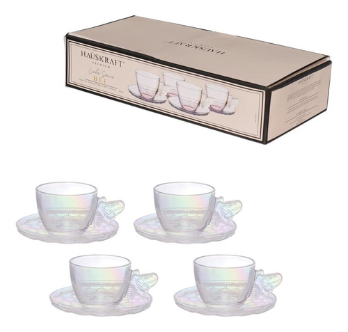 Jogo de Xícaras para Café com Pires de Vidro Bee 80ml 4 Peças Hauskraft Ref.JGXC101