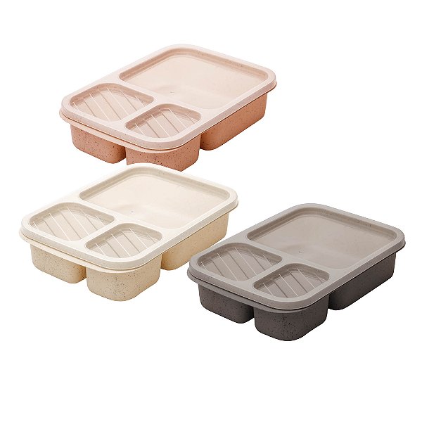 Marmita de Bambu e PP Cinza com Tampa e 3 Compartimentos Lines 22,5x15cm Lyor Ref.220835