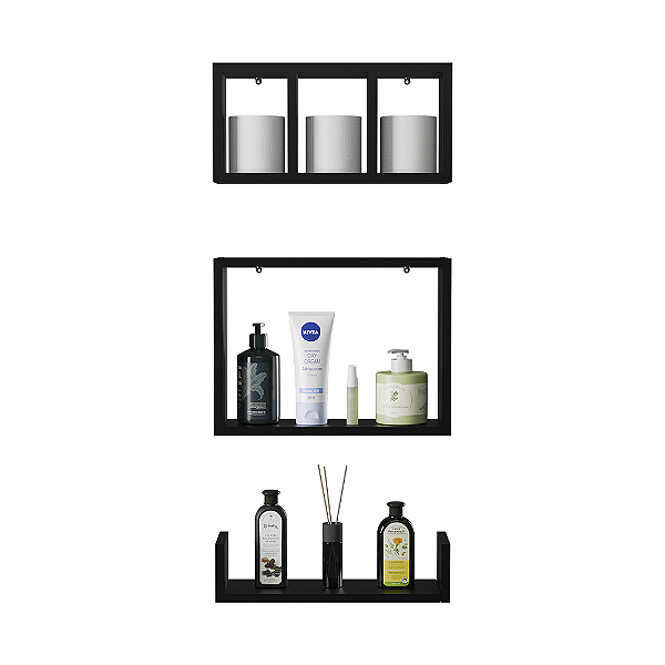 Conjunto Kit 3 Nichos Prateleiras Decorativas Preta para Banheiro