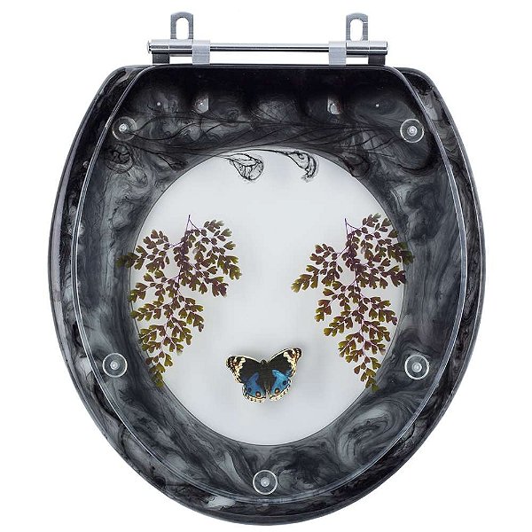 Tampa de Vaso Convencional Oval Preto Decorado com Borboleta Azul Escuro