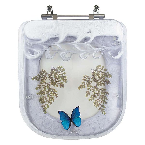 Assento Sanitário Poliester Quadra Decorado Branco Borboleta Azul