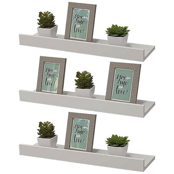 Kit 3 Prateleiras Porta Quadros 60 x 10cm Branca Suporte Invisível
