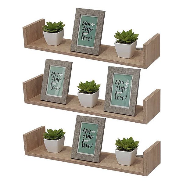 Kit 3 Prateleiras U 80 x 10cm Carvalho Suporte Invisível