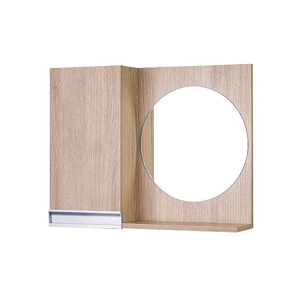 Armário para Banheiro com Espelho Redondo Carvalho com Puxador de Metal