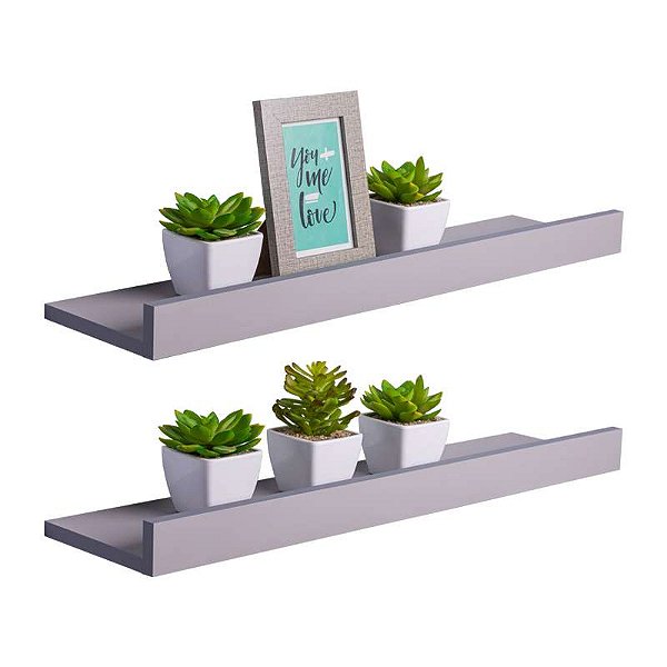 Kit 2 Prateleiras Porta Quadros 80 x 15cm Cinza Claro Suporte Invisível
