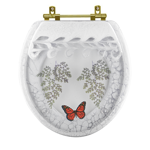 Assento Sanitário Poliester Decorado Oval Convencional Avenca com Borboleta Vermelha Com Ferragem Dourada