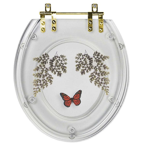 Assento Sanitário Poliester Decorado Oval Transparente Avenca com Borboleta Vermelha Com Ferragem Dourada