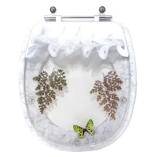 Tampa de Vaso Poliéster Decorada Borboleta Verde Aspen Branco para louça Deca