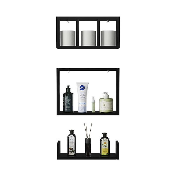 Kit 3 Peças Nicho Prateleira para Banheiro 40 x 12cm Preto
