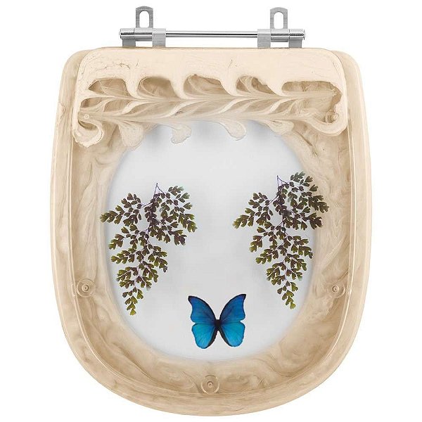 Tampa de Vaso Sanitário Poliéster Sabatini Bege Decorado com Borboleta Azul para louça Icasa