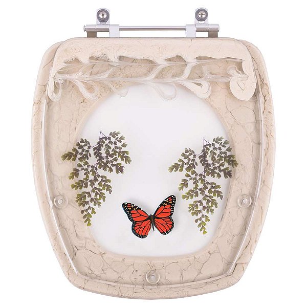 Tampa de Vaso Sanitário Poliéster Stylus Bege Decorado com Borboleta Vermelha para louça Celite