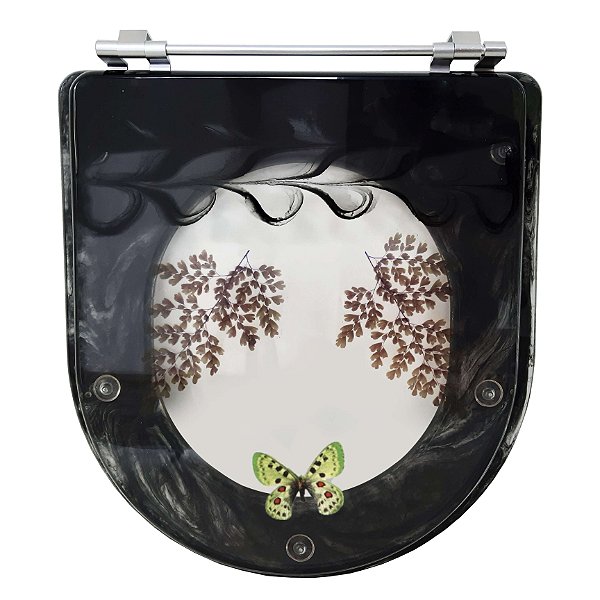 Tampa de Vaso Sanitário Poliéster Calypso Preto Decorado com Borboleta Verde para louça Incepa