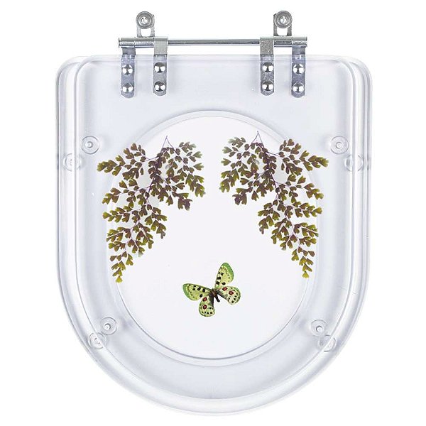 Tampa de Vaso Sanitário Poliéster Riviera Transparente Decorado com Borboleta Verde para louça Celite