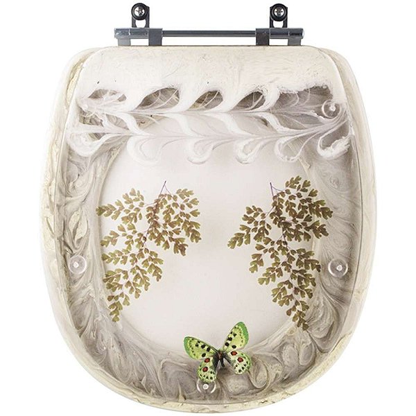 Tampa de Vaso Sanitário Poliéster Ascot Bege Decorado com Borboleta Verde para louça Ideal Standard