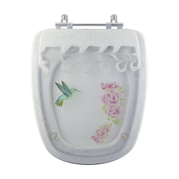 Tampa de Vaso Sanitário Poliéster Monte Carlo Branco Decorado com Beija-Flor para louça Deca