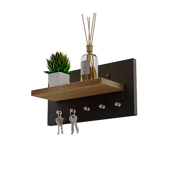 Porta Chaves Minimalista de Parede com 5 pinos Preto e Carvalho