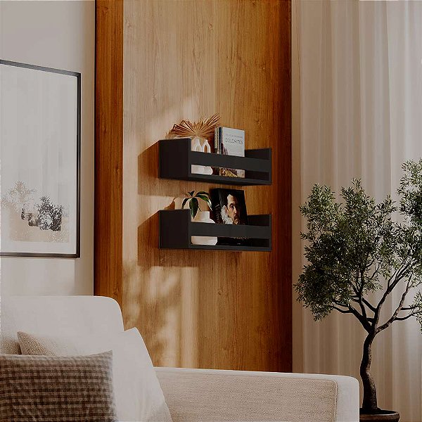 Kit 2 Prateleiras Porta Livros Preta 50 x 12cm Suporte Invisivel