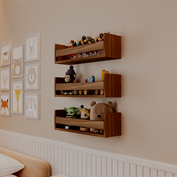 Kit 3 Prateleiras Porta Brinquedos Freijó 50 x 12cm Suporte Invisivel