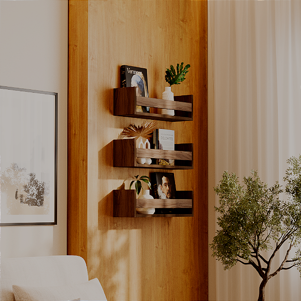 Kit 3 Prateleiras Porta Livros Nogal 50 x 12cm Suporte Invisivel