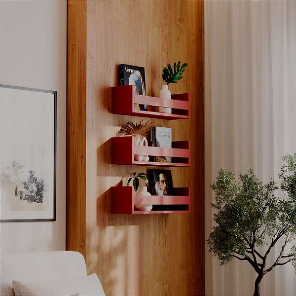 Kit 3 Prateleiras Porta Livros Vermelha 50 x 12cm Suporte Invisivel