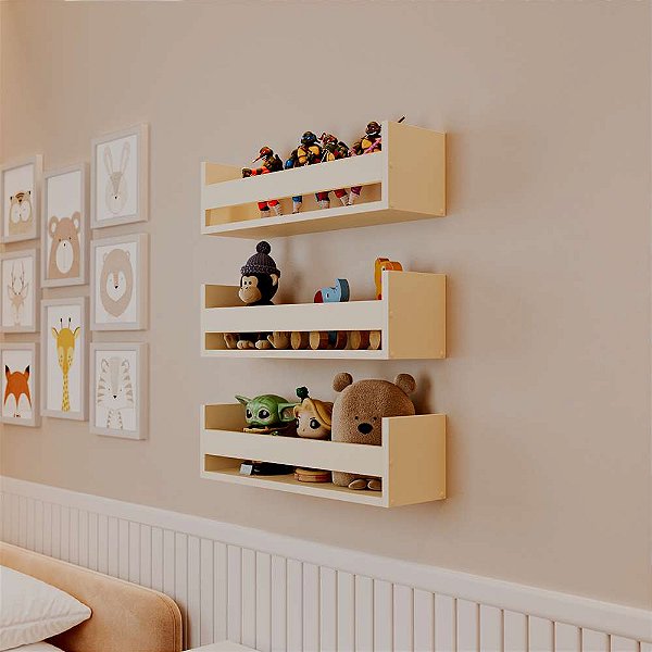 Kit 3 Prateleiras Porta Brinquedos Bege Claro 60 x 12cm Suporte Invisivel