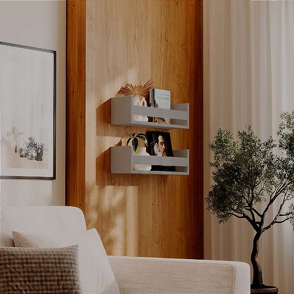 Kit 2 Prateleiras Porta Livros Cinza Claro 70 x 12cm Suporte Invisivel