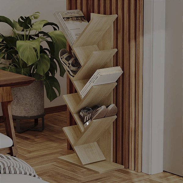 Estante Vertical Zig Zag Organizador Livros e Sapatos Carvalho