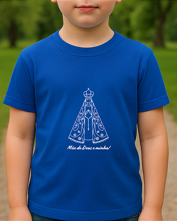 T-shirt Infantil Mãe de Deus e Minha Azul Royal