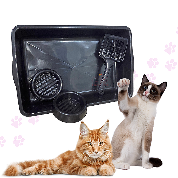 Kit Bandeja Preta para Gatos - Bandeja + 2 Comedouros + Pá