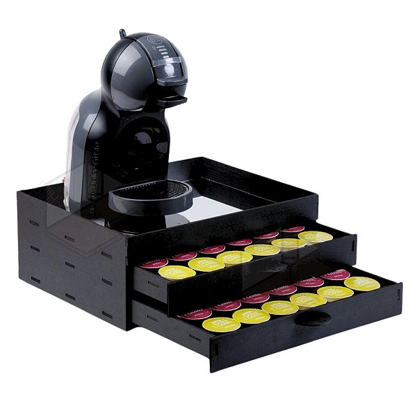 Kit 10 Bandejas Cantinho do Café Espelhada com Porta 48 Cápsulas 2 Gavetas Preta em MDF