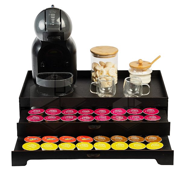 Kit 10 Bandejas Com 2 Gavetas Embutida Porta 80 Cápsulas Preta Cantinho do Café em MDF