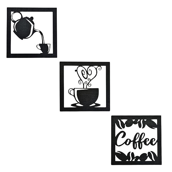 Kit 10 Apliques Decorativos Cantinho do Café Coffee 3 peças Quadros Vazados em MDF Preto