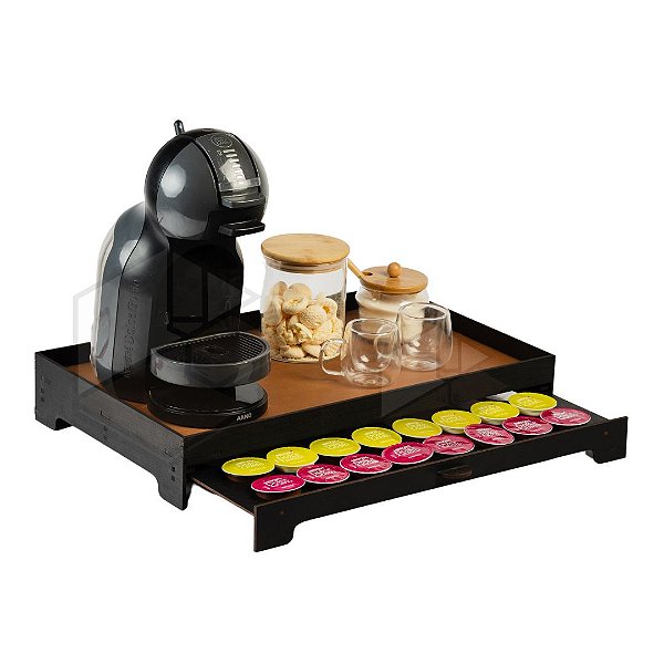 Kit 10 Bandejas Porta 40 Capsulas Gaveta Embutida Dolce Gusto Preta com Amadeirado Caramelo em MDF