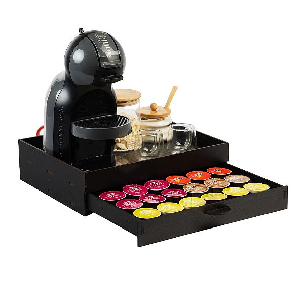 Kit 10 Bandejas Cantinho do Cafe Com Gaveta Embutida e Porta 24 Capsulas Preta Lisa em MDF